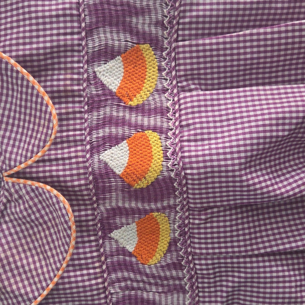 NWOT Purple Gingham Baby Romper with Candy Corn Smocking Sz 9 Month - Picture 3 of 4